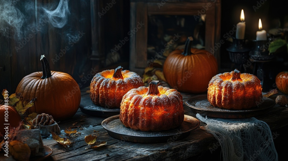 Warm, freshly made Halloween pumpkin cakes, glowing on a rustic table with Halloween props. Warm, freshly made Halloween pumpkin cakes, glowing on a rustic table with Halloween props.