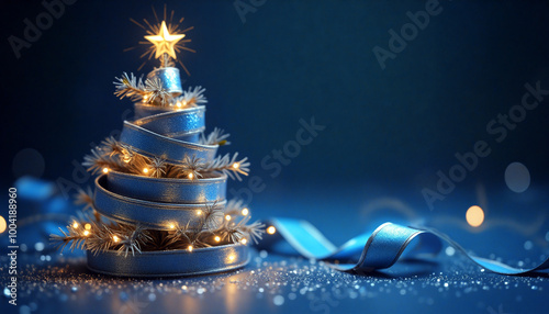Blue ribbon forming a christmas tree with lights and sparkling snowflakes