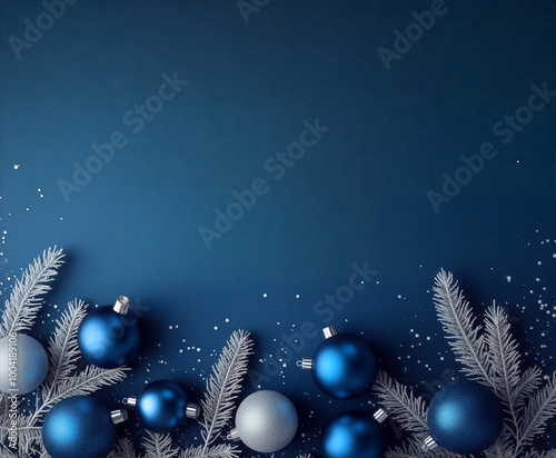 Christmas border composition with blue and silver ornaments and frosted fir branches on a classic blue background