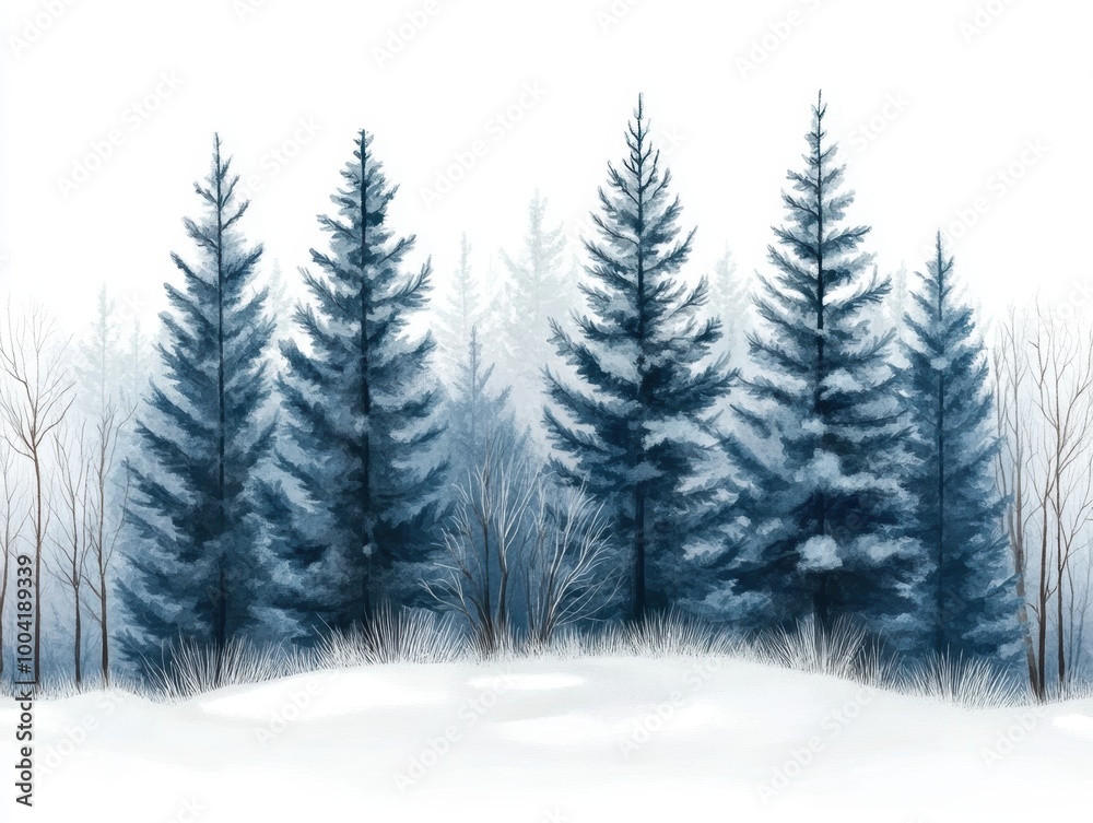 Fototapeta premium Snowy winter landscape featuring tall evergreen trees against a white background.