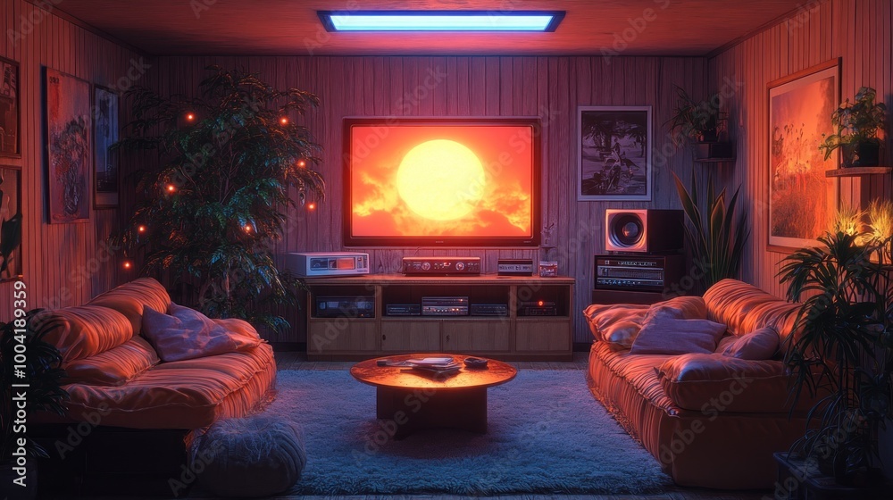 Cozy retro living room with warm lighting and a sunset on TV. Cozy retro living room with warm lighting and a sunset on TV.