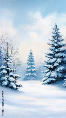 Snowy landscape with evergreen trees under a serene blue sky.