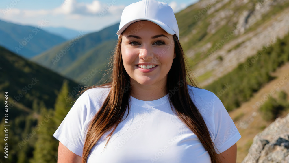 Plus size woman wearing white t-shirt and white baseball cap standing on a mountain Plus size woman wearing white t-shirt and white baseball cap standing on a mountain