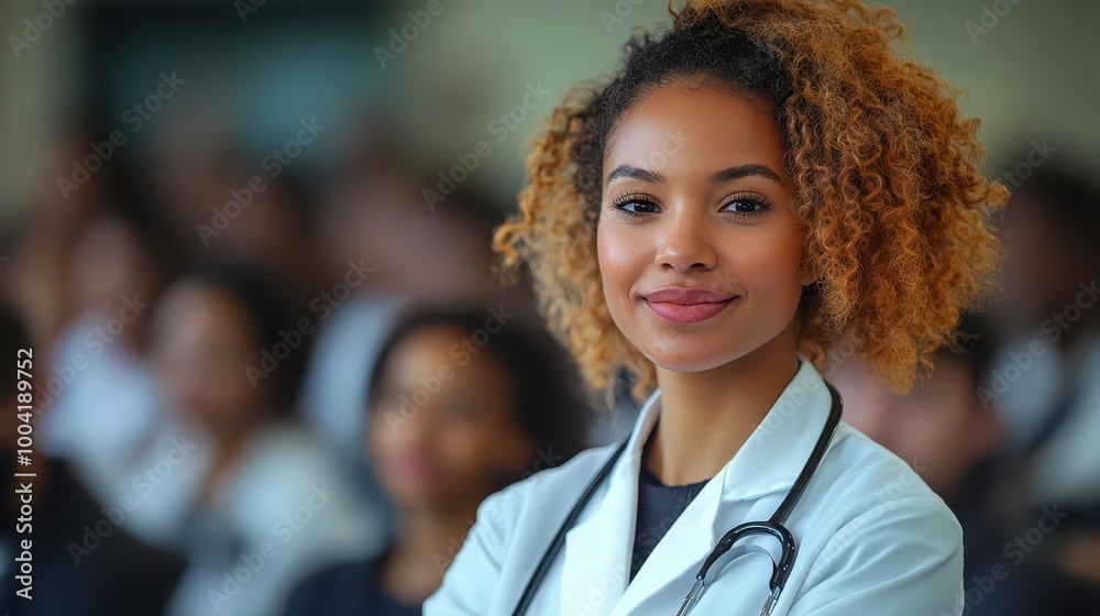 female doctor in white coat addressing a diverse group of medical ...