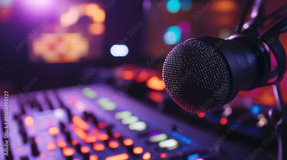 A microphone in a recording studio. A microphone in a recording studio.
