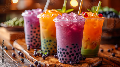 Set of four colorful summer bubble tea with straw, bright creamy pearl tea or latte tapioca drinks, vibrant color pink dragon fruit, yellow citrus, green, with tapioca balls, ice, on wooden board.