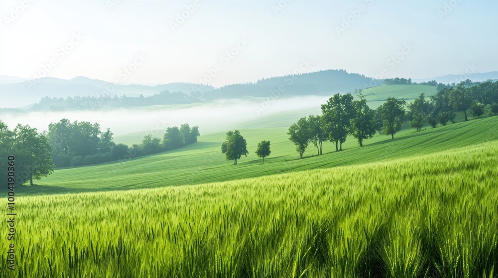 Fototapeta premium Vibrant green fields with misty hills in the background, showcasing serene natural beauty.