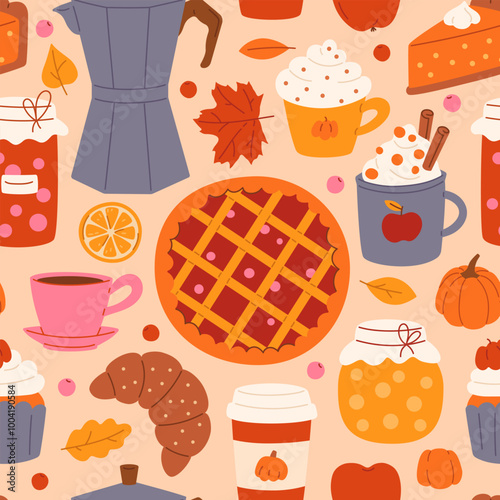 Cozy seamless pattern of autumn flavored food and drink. Background seasonal products, coffee, pie, cake, cupcake, jam, croissant. Hand drawn flat illustration for print, poster, wrapping paper.