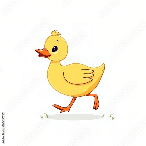 cartoon yellow duck running on grass with a white background.