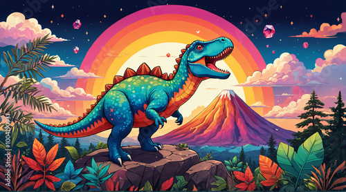 Fototapeta Naklejka Na Ścianę i Meble -  A vibrant cartoon dinosaur stands on a rock in front of a mountain, surrounded by a rainbow.