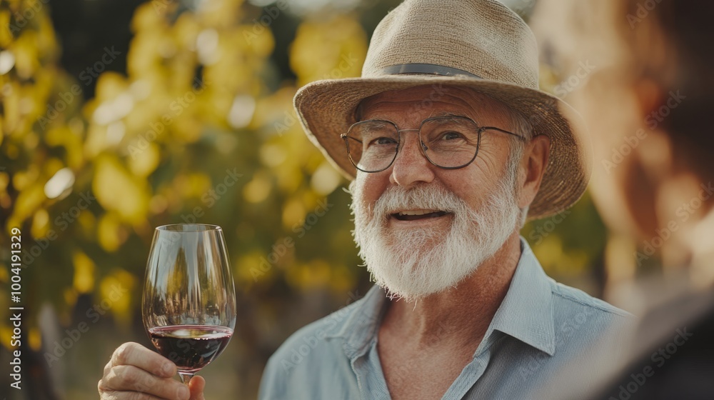 A cheerful older man in a straw hat enjoys a glass of red wine amidst a vineyard backdrop, exuding warmth and charm. A cheerful older man in a straw hat enjoys a glass of red wine amidst a vineyard backdrop, exuding warmth and charm.