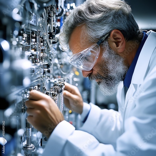 Researcher in lab coat adjusting highpressure chromatography equipment, chromatography setup, separating biological compounds photo