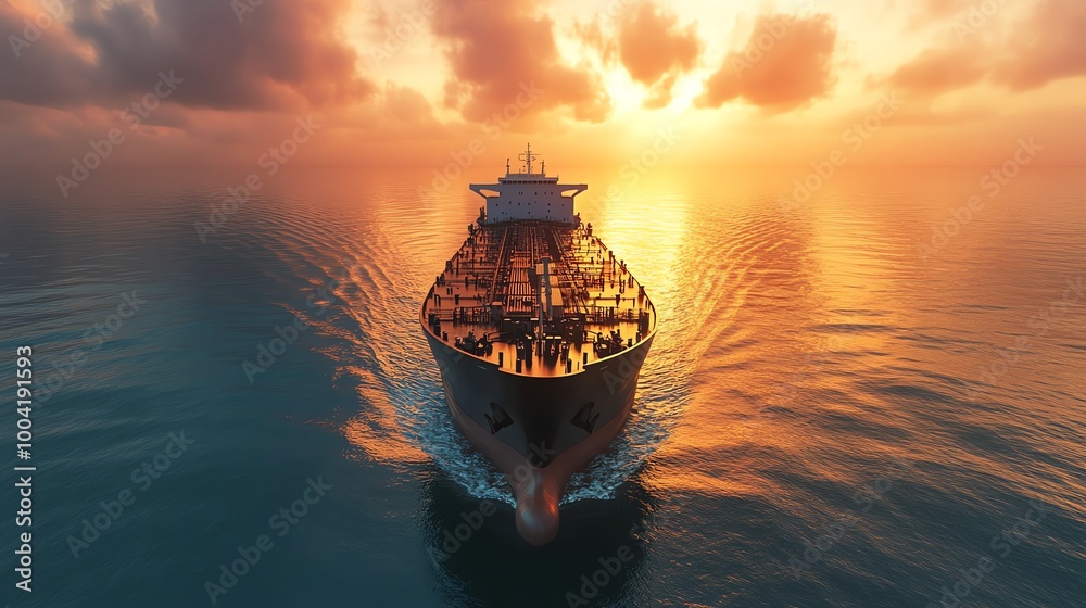 Fototapeta premium A large cargo ship sails through the water at sunset.