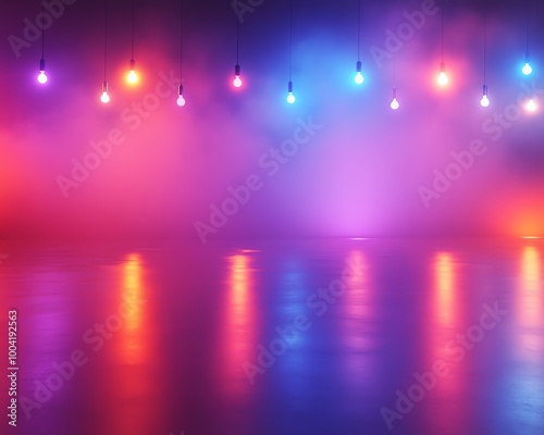 Vibrant and multicolor stage background with light bulbs, featuring ample copy space for a bright and contemporary stage mockup