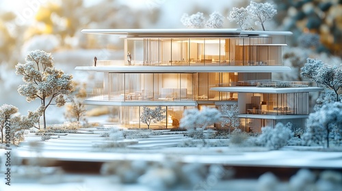 A modern architectural model showcasing a multi-level building.