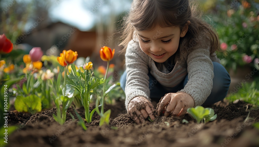 Backyard garden planting with a mother and child, hands dirty with soil, thrilled about growing flowers, showcasing Spring Garden Planting Backyard garden planting with a mother and child, hands dirty with soil, thrilled about growing flowers, showcasing Spring Garden Planting