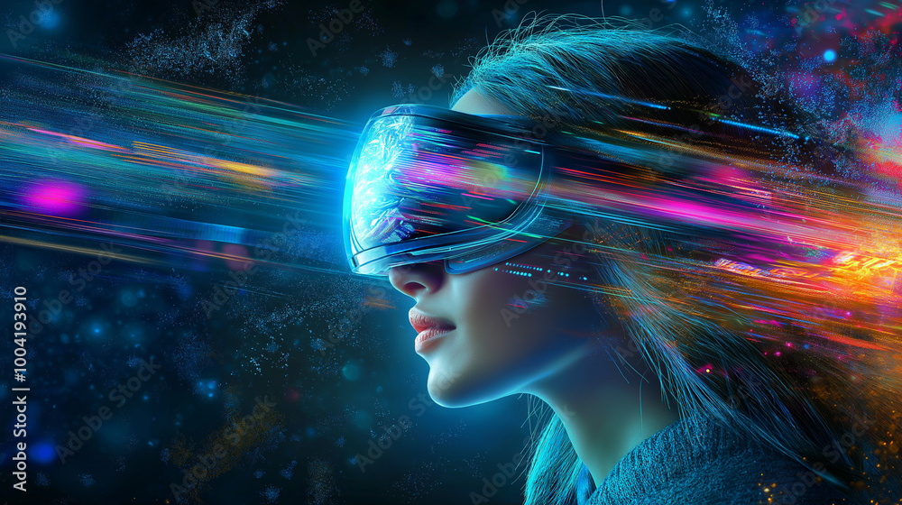 Girl in hi-tech VR glasses with elements of artificial intelligence. Background in a high-tech style. Shining lines and patterns resembling neural networks, connections, and digital circuits. Girl in hi-tech VR glasses with elements of artificial intelligence. Background in a high-tech style. Shining lines and patterns resembling neural networks, connections, and digital circuits.