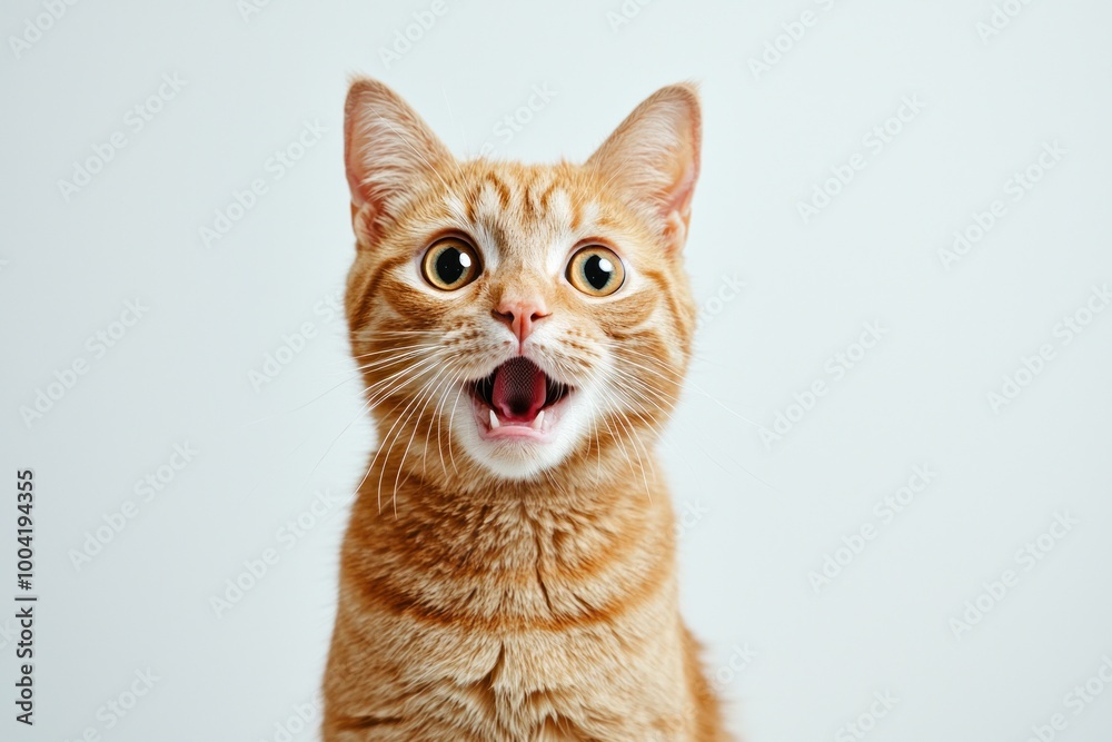 Ginger cat with an open mouth shows surprise in a studio against a clean white background Ginger cat with an open mouth shows surprise in a studio against a clean white background