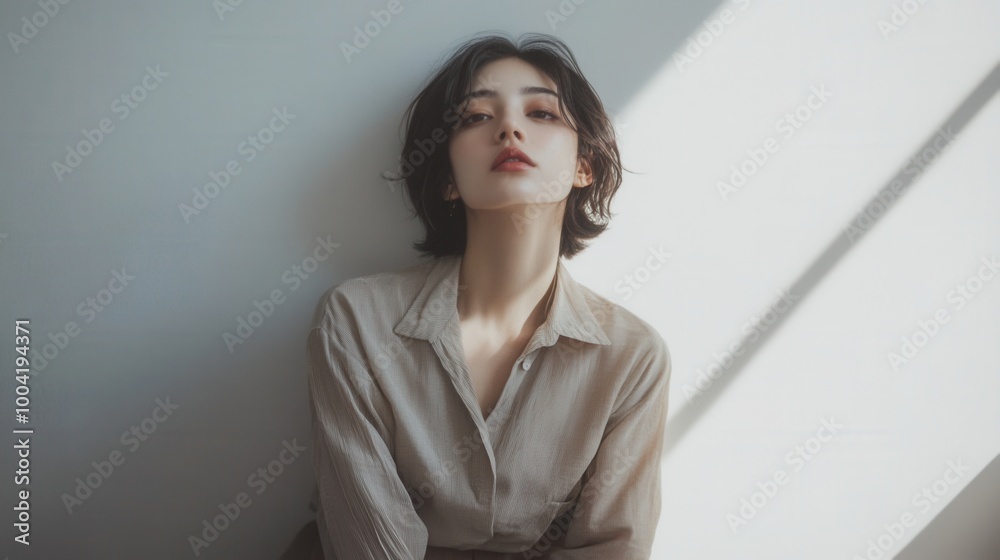 A minimalist fashion portrait featuring a model in a simple outfit against a plain backdrop. A minimalist fashion portrait featuring a model in a simple outfit against a plain backdrop.