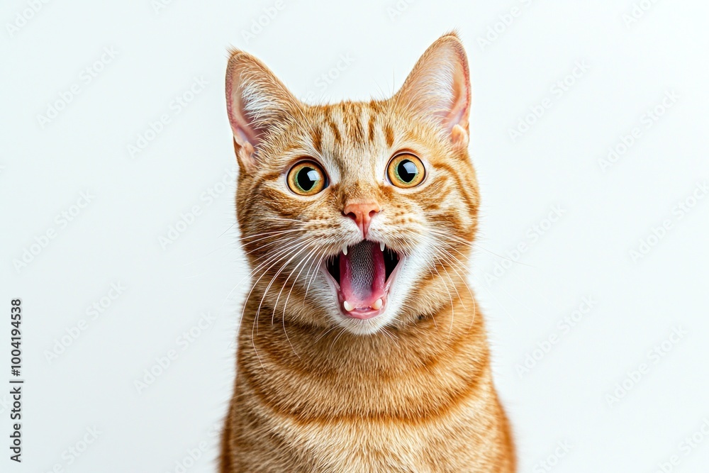 Ginger cat with an open mouth shows surprise in a studio against a clean white background Ginger cat with an open mouth shows surprise in a studio against a clean white background