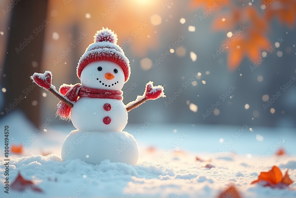 Cheerful first snowman greets the transition from autumn to winter on fallen bright leaves