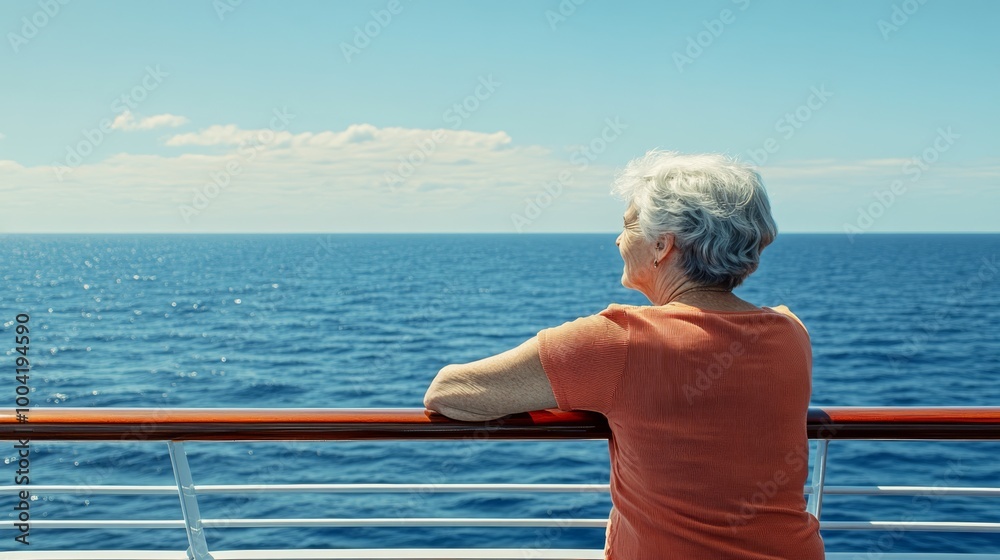 Fototapeta premium A serene elderly woman gazes out at the calm sea from a cruise ship, enjoying a moment of contemplation under a clear blue sky.