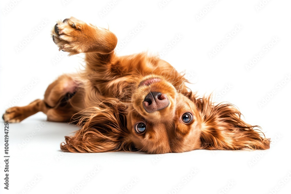 Naklejka premium Photo of a happy English Cocker Spaniel puppy playing, shown from above in a top-down view on a white background