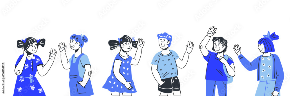 Group of children greeting each other, saying Hello, smiling and waving hands, cartoon vector illustration isolated on white. Group of children greeting each other, saying Hello, smiling and waving hands, cartoon vector illustration isolated on white.