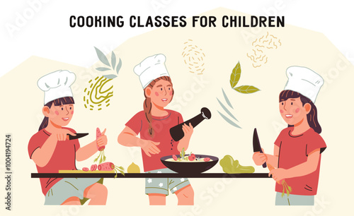 Cute children learn cooking and develop a love for food preparation, cartoon vector illustration isolated on white. Kids cooking classes banner or poster design.