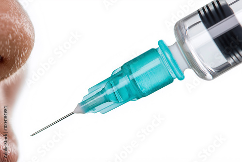 Injectable filler syringe close to cheek, showcasing needle and plunger. This image captures precision and detail involved in cosmetic procedures, evoking sense of transformation and beauty enhancemen photo