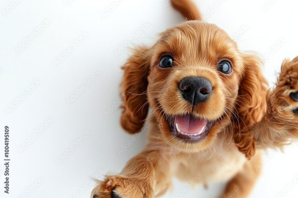 Photo of a happy English Cocker Spaniel puppy playing, shown from above in a top-down view on a white background Photo of a happy English Cocker Spaniel puppy playing, shown from above in a top-down view on a white background