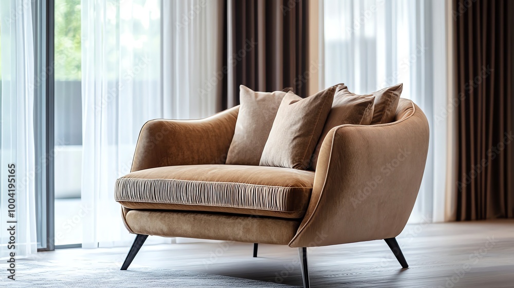 A modern living room with a brown armchair and pillows. A modern living room with a brown armchair and pillows.