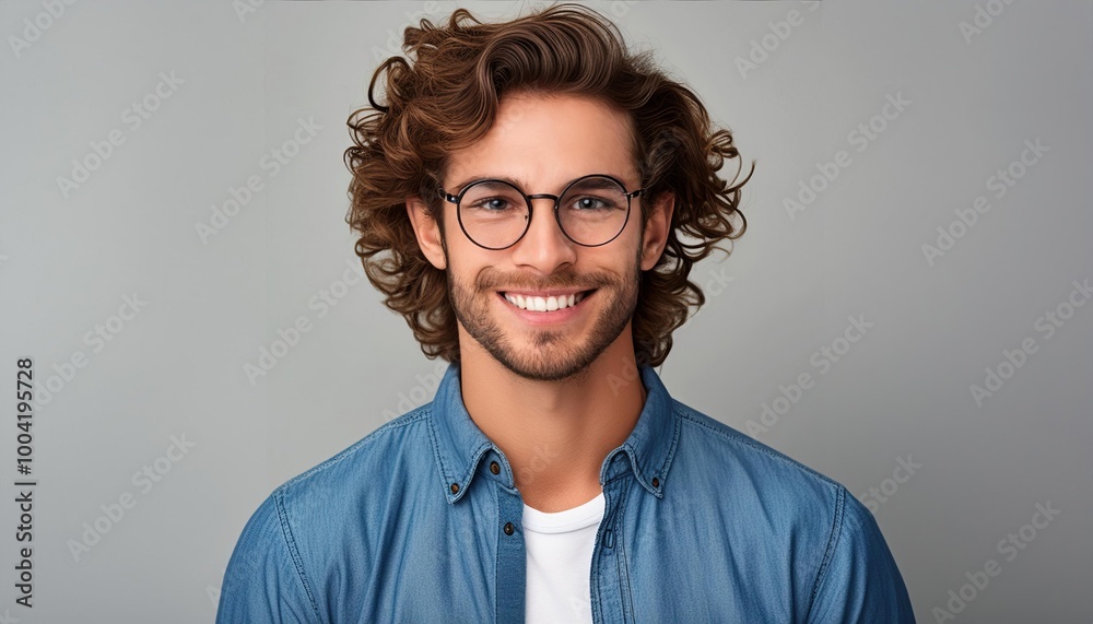 Obraz premium smiling young Caucasian man with glasses and wavy hair in a denim shirt, against a gray background