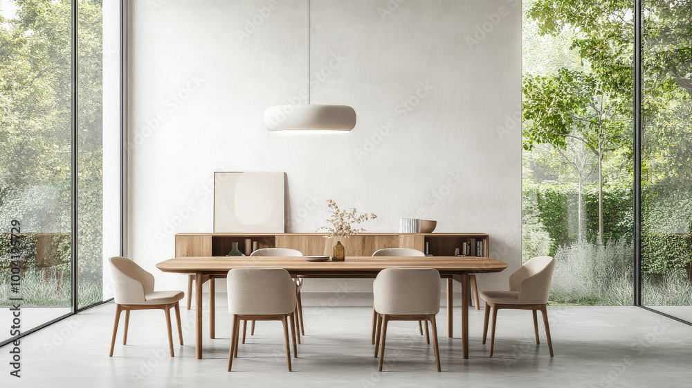 A modern dining room featuring wooden table and stylish chairs, surrounded by large windows that bring in natural light and greenery. serene atmosphere invites relaxation and gatherings A modern dining room featuring wooden table and stylish chairs, surrounded by large windows that bring in natural light and greenery. serene atmosphere invites relaxation and gatherings