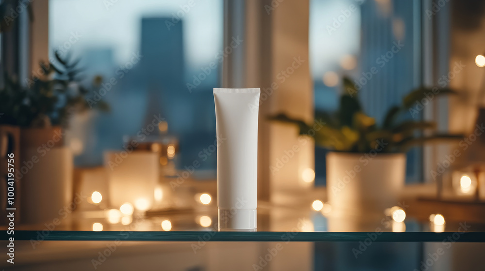 A minimalist skincare tube stands elegantly on glass shelf, surrounded by soft candlelight and lush greenery, creating serene and inviting atmosphere A minimalist skincare tube stands elegantly on glass shelf, surrounded by soft candlelight and lush greenery, creating serene and inviting atmosphere