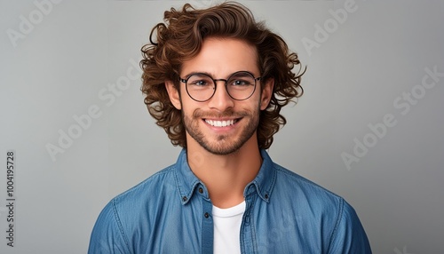 smiling young Caucasian man with glasses and wavy hair in a denim shirt, against a gray background