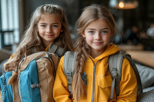 Two young girls are smiling and wearing school uniforms