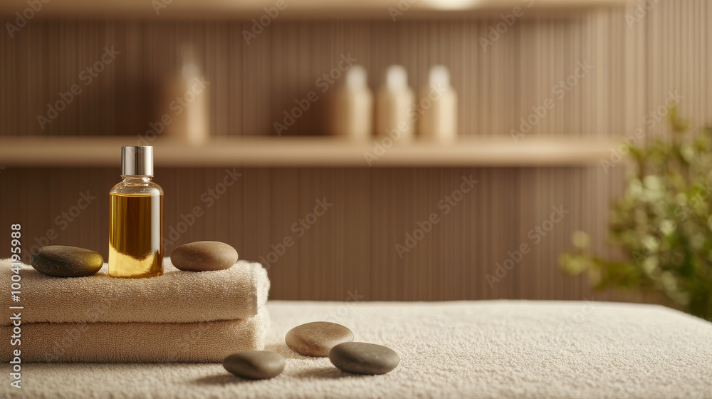 A serene spa setting featuring bottle of essential oil on soft towels, surrounded by smooth stones. calming atmosphere is perfect for relaxation and rejuvenation A serene spa setting featuring bottle of essential oil on soft towels, surrounded by smooth stones. calming atmosphere is perfect for relaxation and rejuvenation