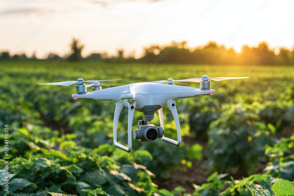 A drone capturing stunning aerial views over lush green farmland during a golden sunset. Generative AI A drone capturing stunning aerial views over lush green farmland during a golden sunset. Generative AI