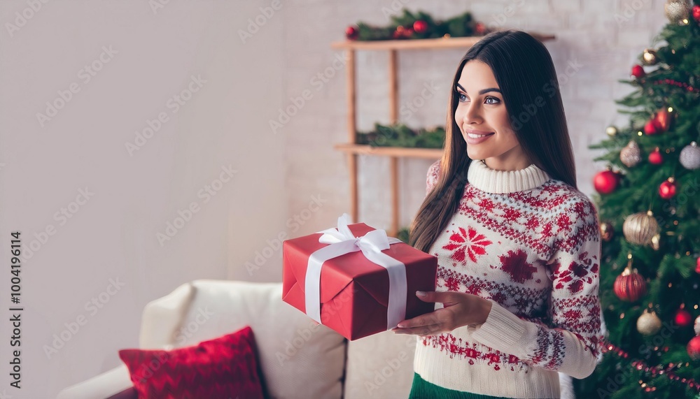 pretty brunette young girl receive hold present box curious wear ornament sweater beautiful living room decor christmas pretty brunette young girl receive hold present box curious wear ornament sweater beautiful living room decor christmas