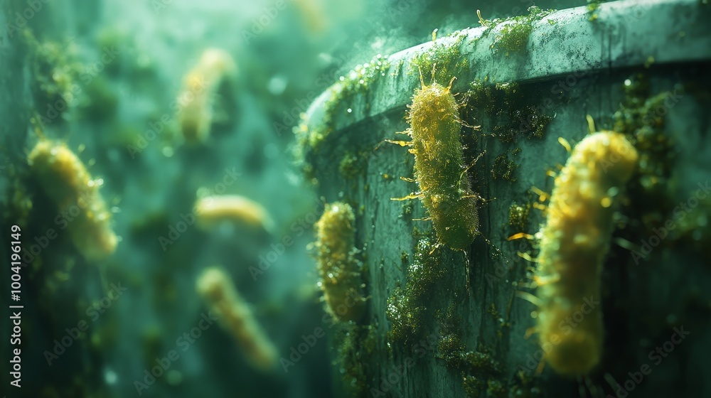 Fototapeta premium Bacteria on bathroom trash bins, [germs, bathroom], [representing unseen contamination], photorealistic
