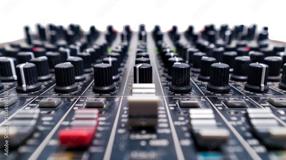 Mixing consoles for adjusting audio levels and effects isolated on white background Mixing consoles for adjusting audio levels and effects isolated on white background