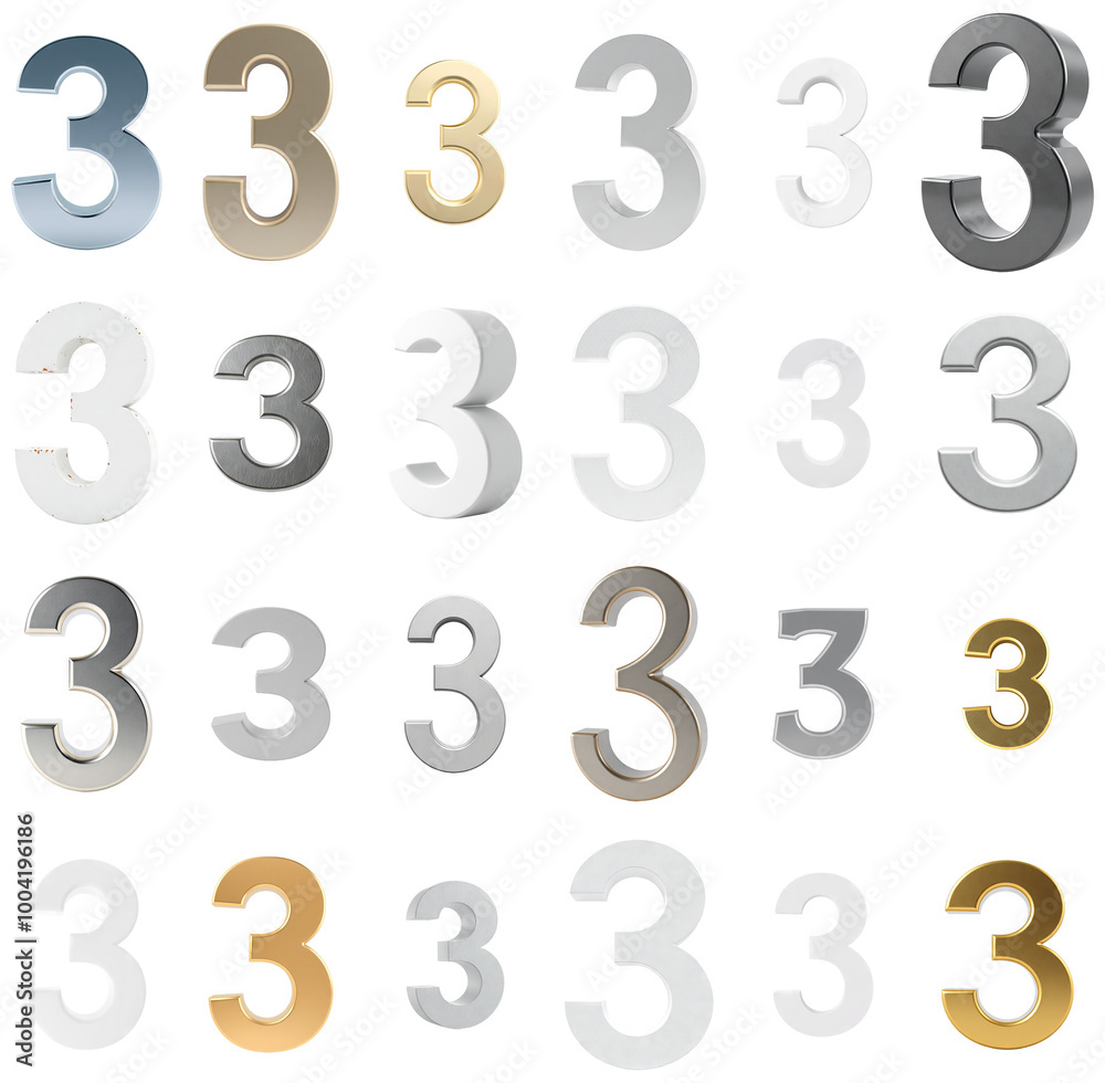 Collection of 25 Metallic Number 3 Designs with Transparent Background - Isolated Set for Design and Overlay Use Collection of 25 Metallic Number 3 Designs with Transparent Background - Isolated Set for Design and Overlay Use