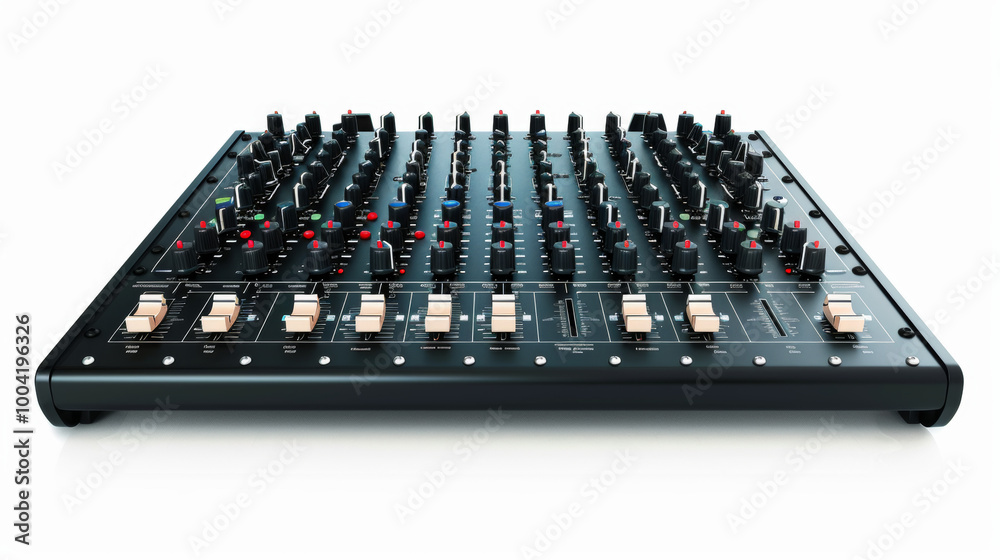 Mixing consoles for adjusting audio levels and effects isolated on white background Mixing consoles for adjusting audio levels and effects isolated on white background