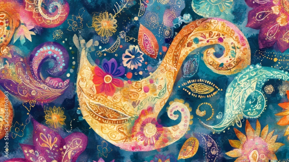 Fototapeta premium Traditional textile block print pattern like Ajrakh or Ikat, featuring abstract hand block prints, representing various cultural styles. -