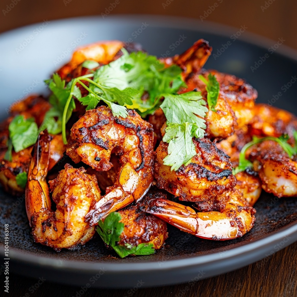 Studio lighting on a plate of tandoori prawns, with the vibrant red marinade and char marks highlighted against the fresh green garnish. Studio lighting on a plate of tandoori prawns, with the vibrant red marinade and char marks highlighted against the fresh green garnish.