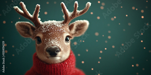 Cute reindeer with snow-covered antlers wearing a red sweater in a festive Christmas background