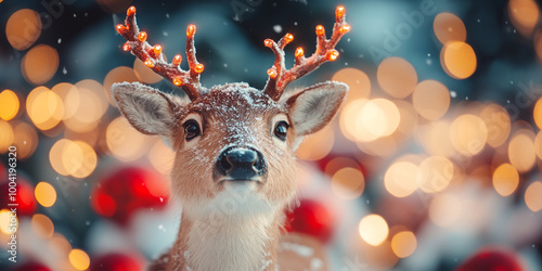 Cute reindeer with glowing antlers in a snowy Christmas setting with festive lights