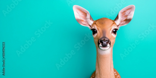 Portrait of a cute deer in front of a bright turquoise background, Christmas theme