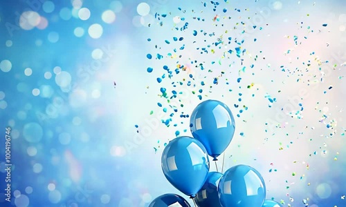 Flying party balloons with confetti, ribbons, and sparkles in a festive background photo